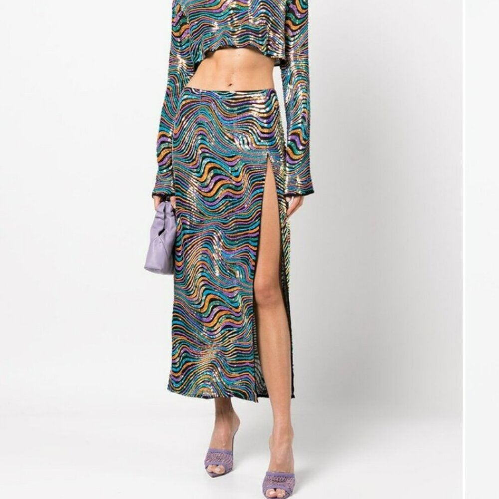 Sally LaPointe Swirl-Sequin Cropped Top + Skirt with Slit